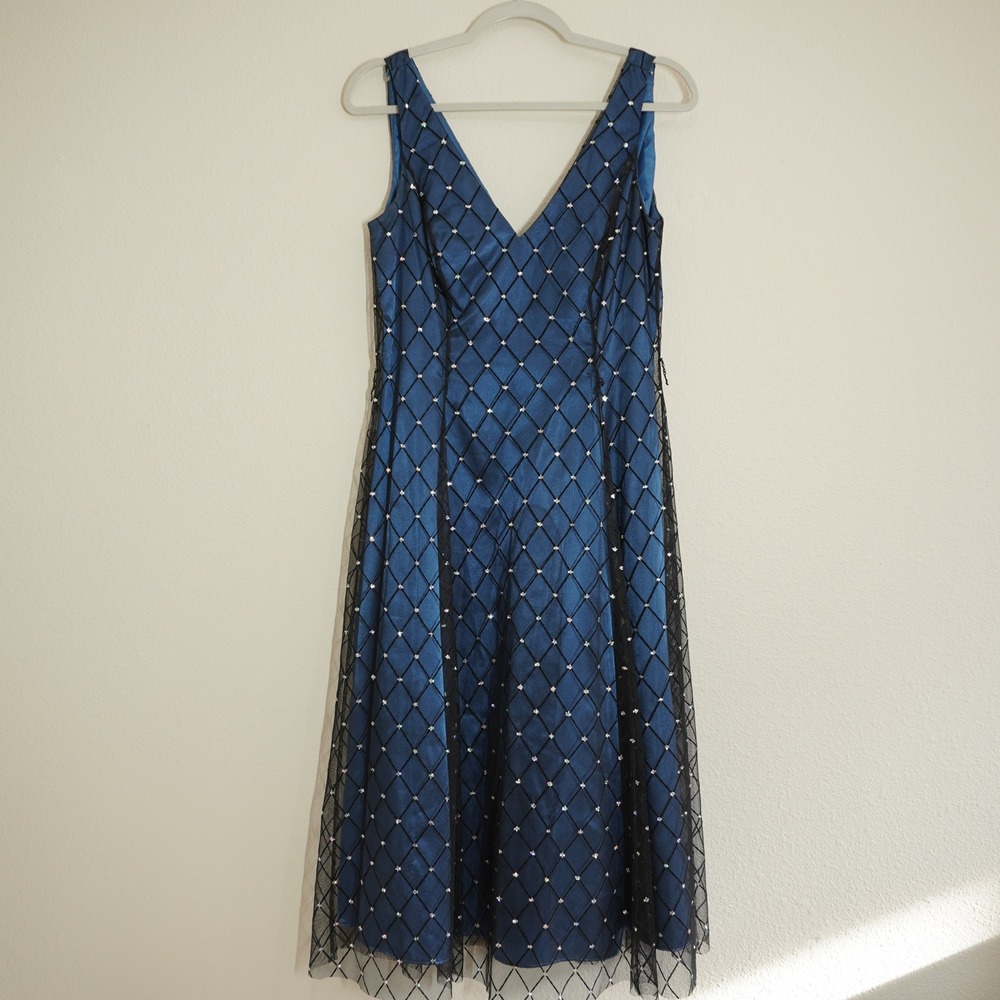 Chadwick's Navy Blue Vintage Formal Midi Dress A Line Mesh Overlay Mod Sparkle
